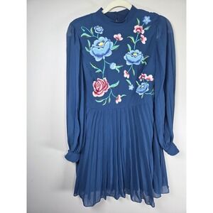 ASOS Design Petite Blue Floral Embroidered Pleated Chiffon Mini Dress Long...